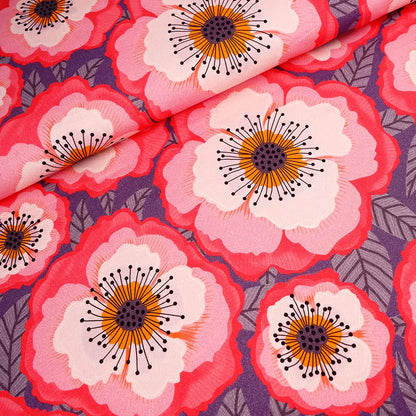 Jersey Susalabims Grandes Fleurs – fleurs roses sur fond bleu-gris
