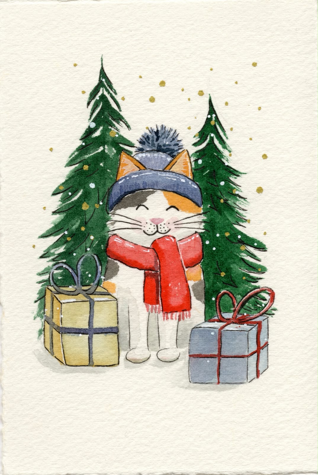 Carte de Noël à l'aquarelle : chat en bonnet et écharpe entre deux sapins et des cadeaux