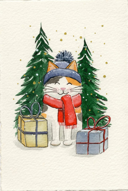 Carte de Noël à l'aquarelle : chat en bonnet et écharpe entre deux sapins et des cadeaux
