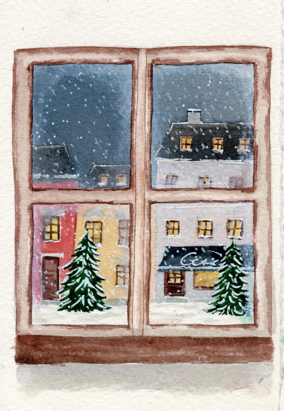 Carte de Noël à l'aquarelle : vue d'une fenêtre sur une rue enneigée