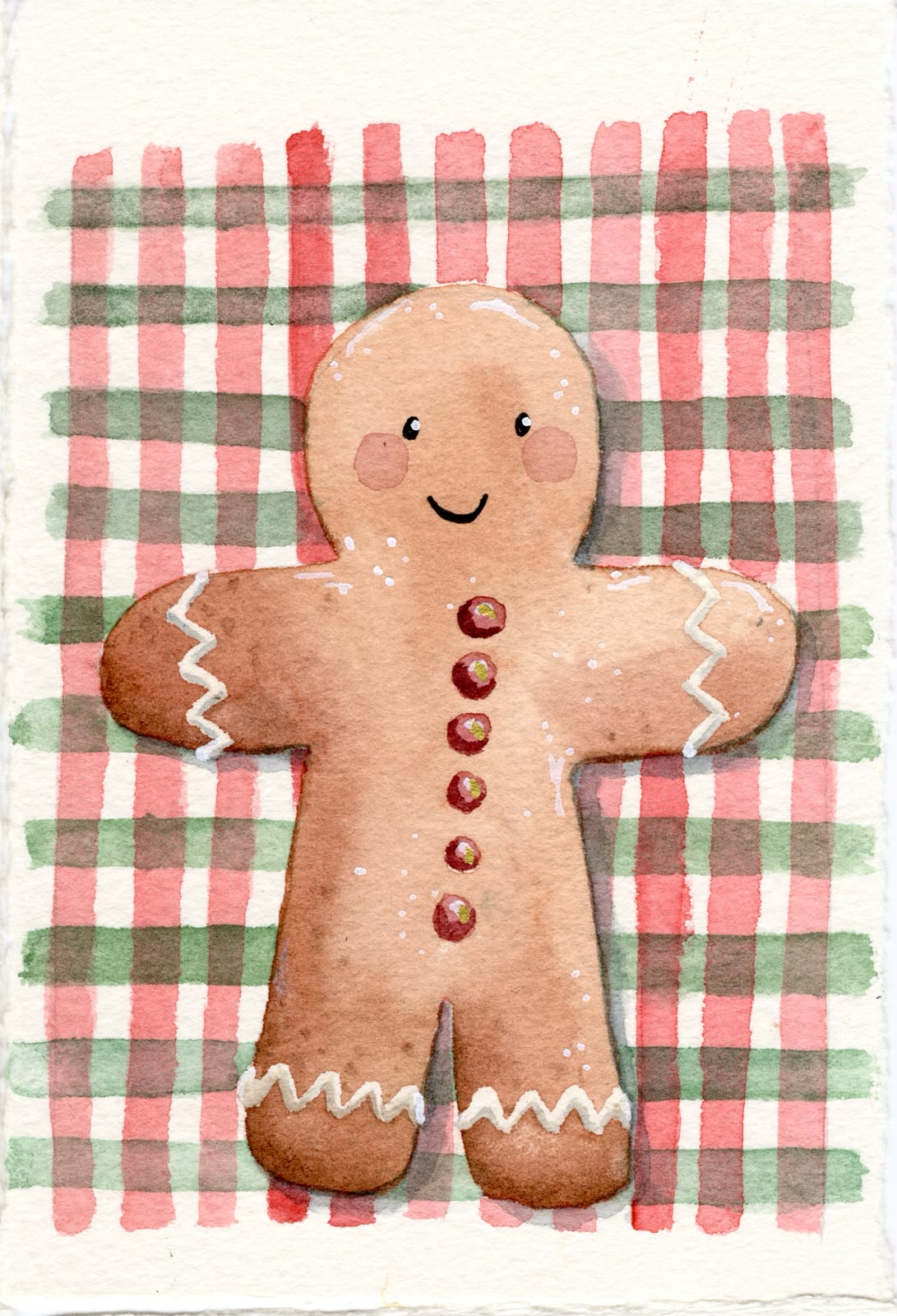 Carte de Noël à l'aquarelle : bonhomme en pain d'épices sur nappe à carreaux