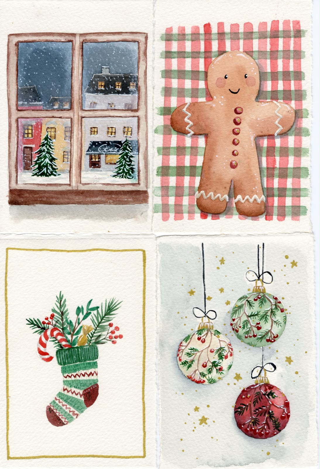 Quatre cartes de Noël à l'aquarelle : fenêtre enneigée, bonhomme en pain d'épices, chaussette garnie, boules de Noël