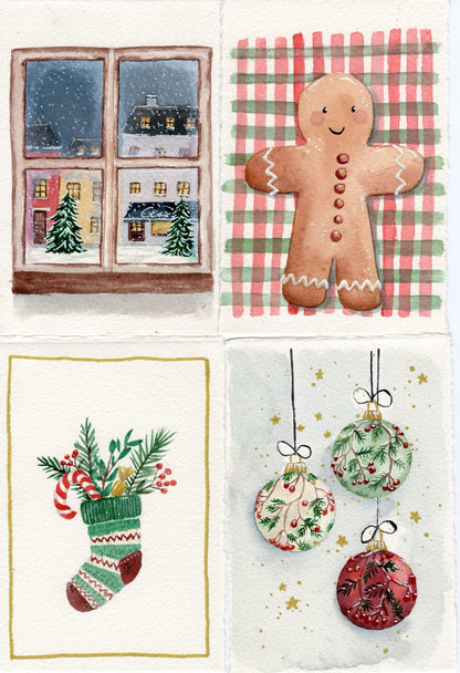 Quatre cartes de Noël à l'aquarelle : fenêtre enneigée, bonhomme en pain d'épices, chaussette garnie, boules de Noël