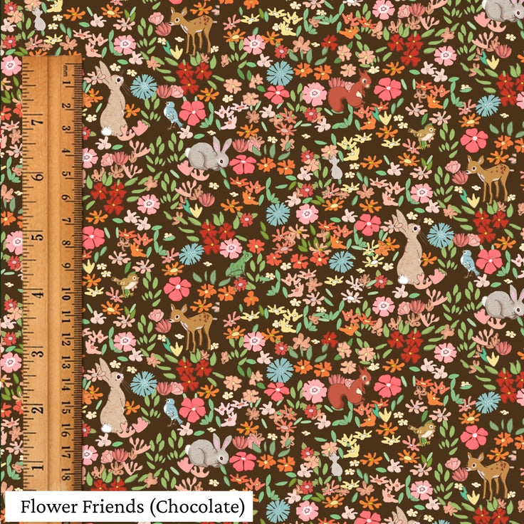 Popeline coton bio Flower friends chocolat, Atelier-53